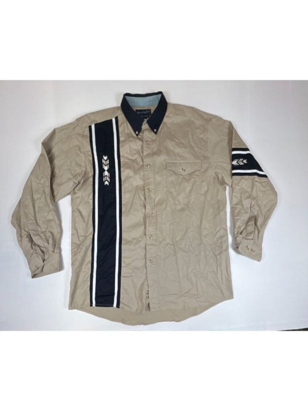 Vintage 90s Wrangler Western Shirt Tan Navy Southwestern Print Size Large